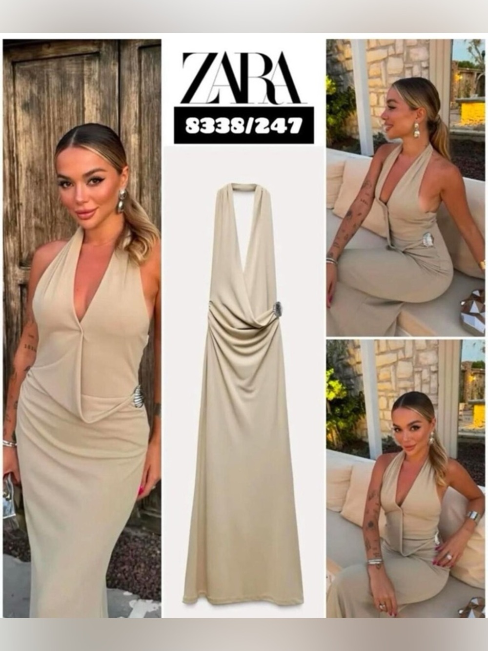 Zara Cream Halter Draped Maxi Dress with Side Brooch - Picture 6 of 11